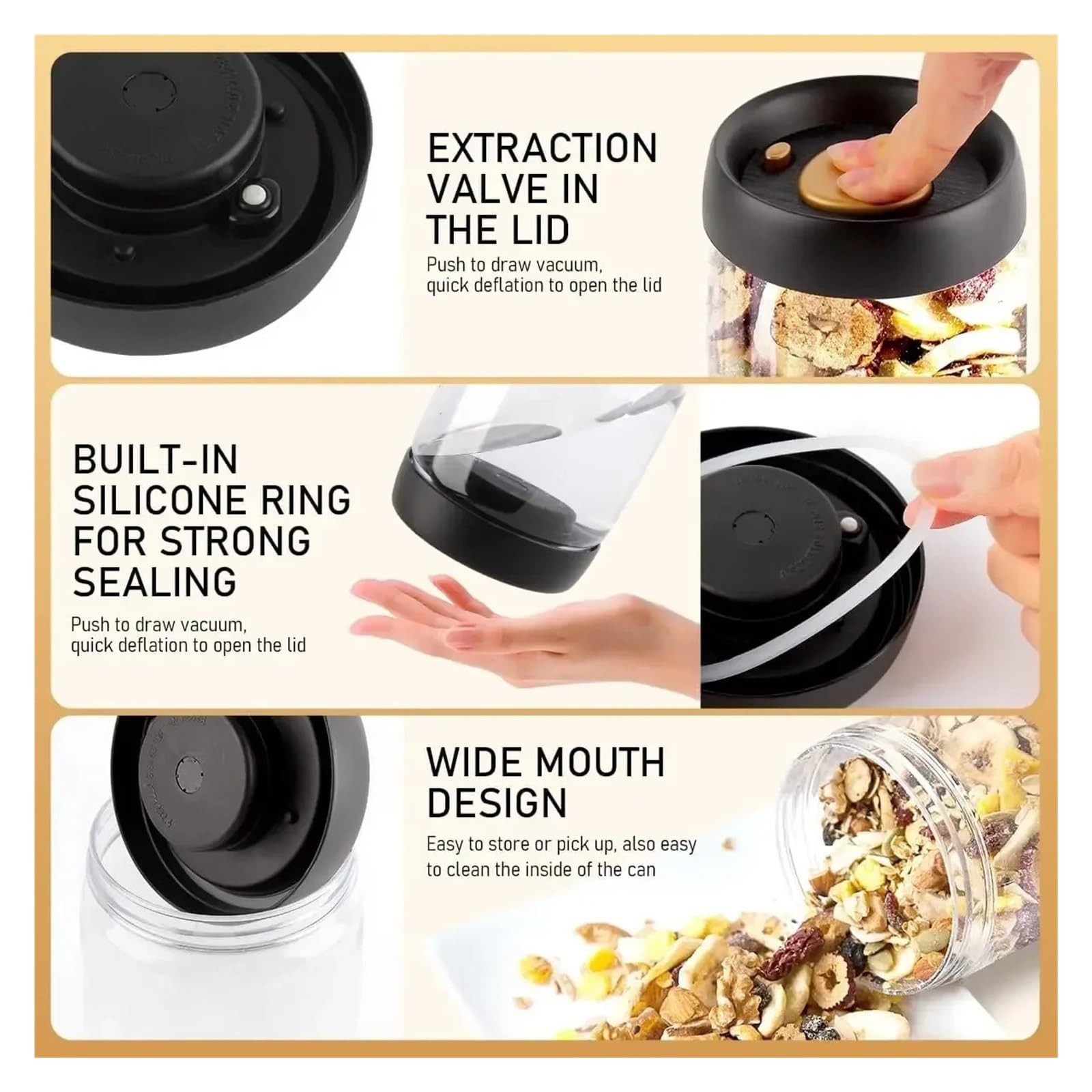 Vakuum-Glasvorratsglas, transparenter luftdichter Behälter | Für Kaffeebohnen und Getreide, manuelles Vakuumpumpen, feuchtigkeitshemmend, 500 900 1200 1800ml(1200ml Golden)