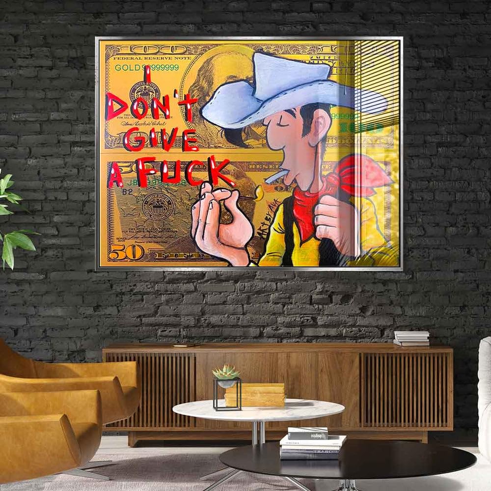 DotComCanvas Acrylglasbild Lucky Luke Dollar Geld Comic Cartoon I don't give a fuck Größe 100 X 75 CM, Farbe Ohne Rahmen