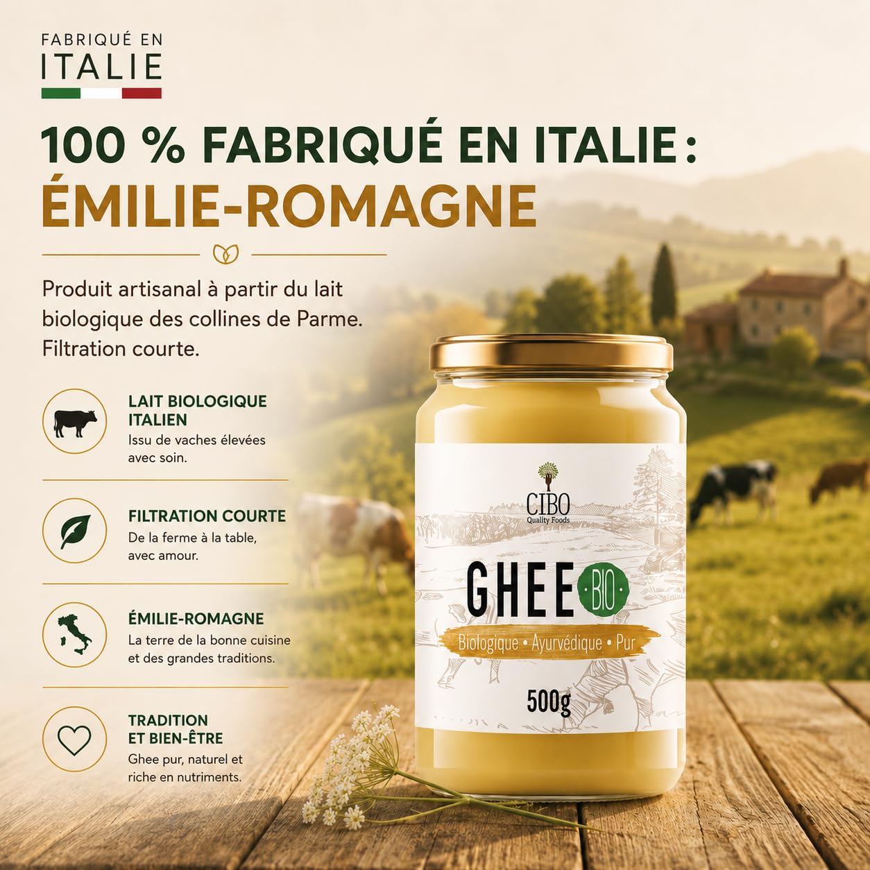 Cibo Ghee Bio 500g - Lait de Parme et Reggio Emilia - Fabriqué en Italie - Vaches de Pâturage - Point de Fumée 250°C - Issu de Crème Centrifugée
