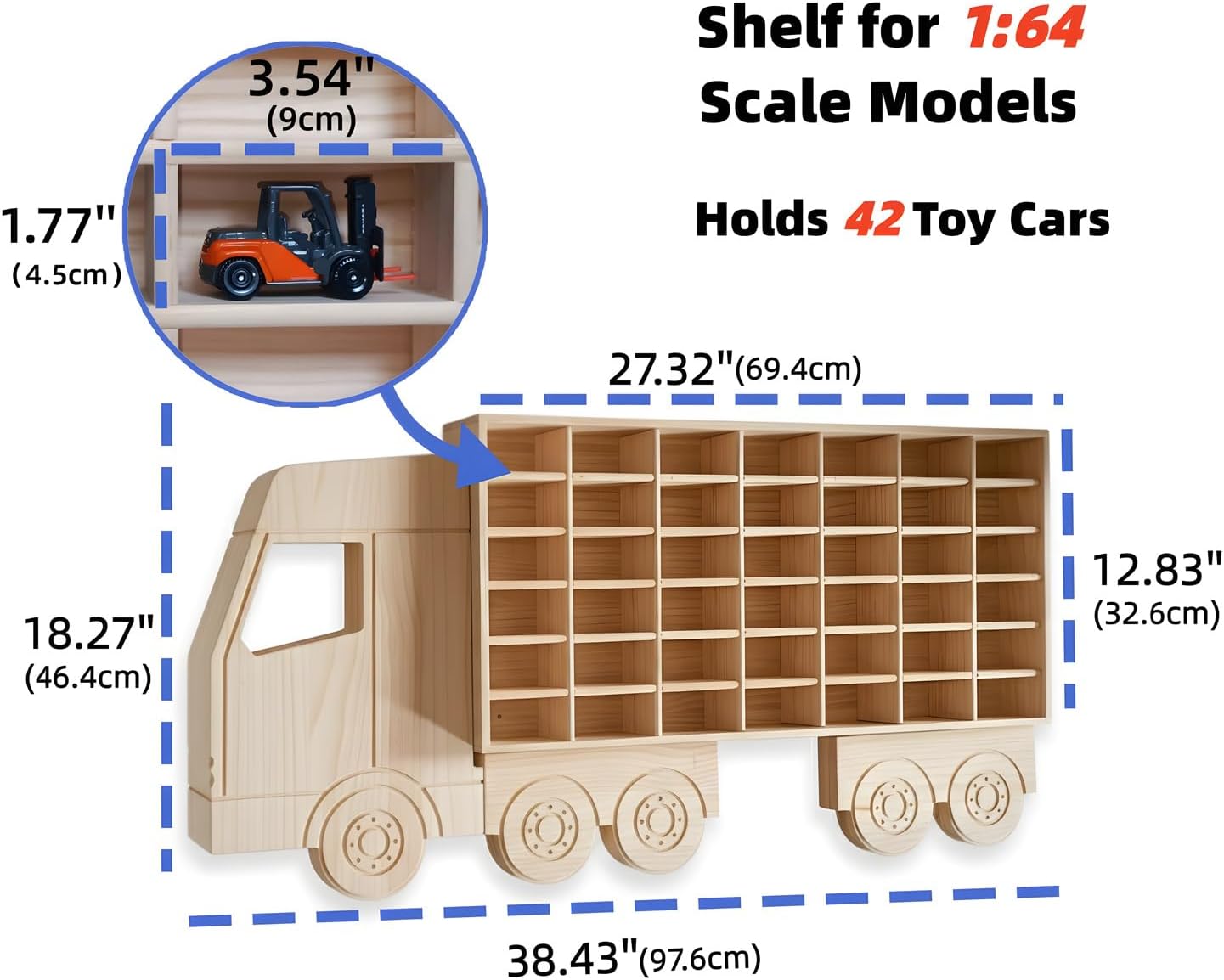 Pikidap Wood Car Display Shelf, Toy Car Storage Organizer for 1/64 Scale Diecast Cars, Holds 42 Models, Freestanding & Wall-Mounted Rack, Model Car Display Case