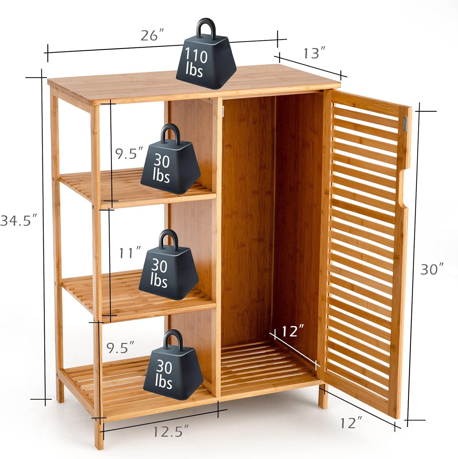 Giantex Bathroom Storage Cabinet Bamboo Floor Cabinet Free Standing Organizer, with 3-Tier Open Shelf & Multipurpose Closed Compartments for Kitchen, Living Room