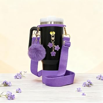 6Pcs Accessories for Stanley Cup 40 oz,Adjustable Handle Strap,Plush Ball,Flower Charms,Rubber Ring,Heart-Shaped Hook,Charms,Siliocne Boot for Stanley 40oz Tumbler
