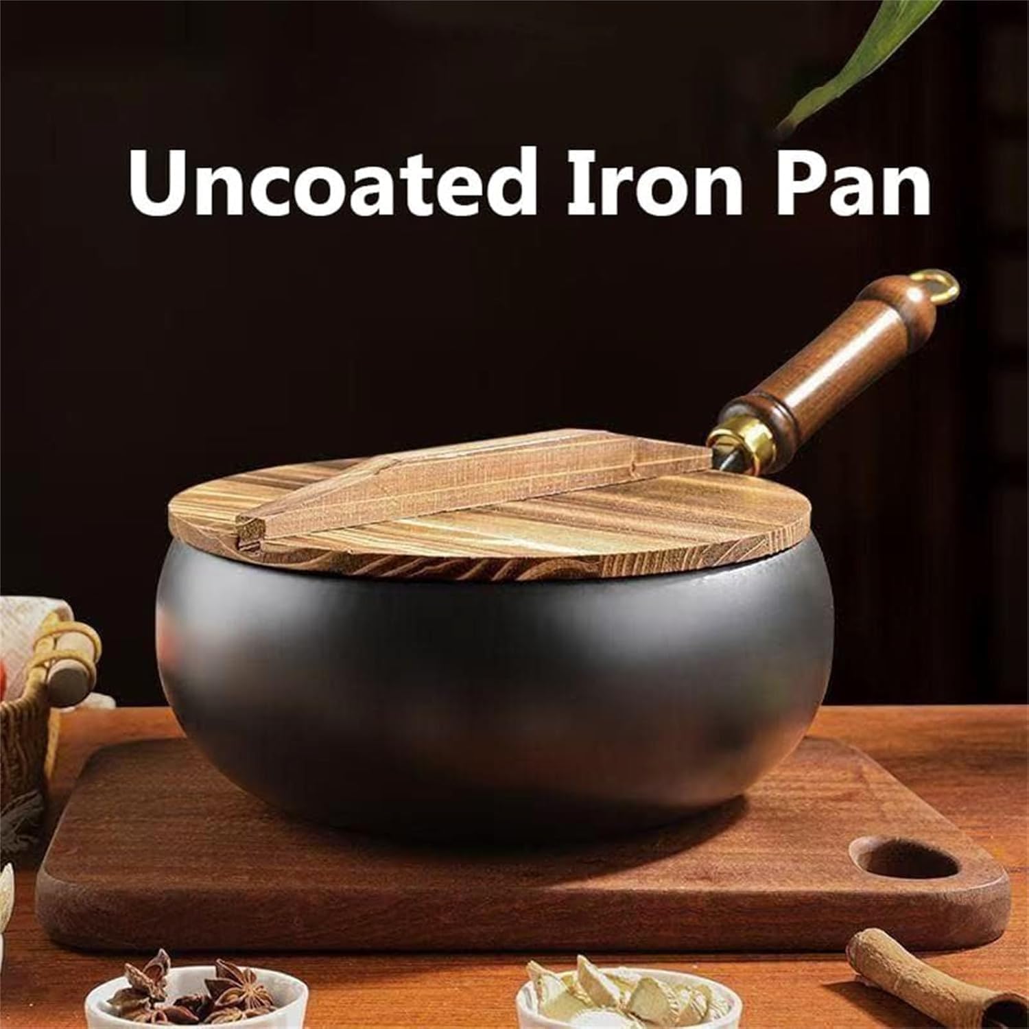 Japanese Hand-Forged Non-Stick Iron Pan Without Coating Durable And Rust-Free, Round Bottom Wok with Wooden Lid Lid for Cooker Gas Stir Fry Pans Round Bottom (Type B,11inch)