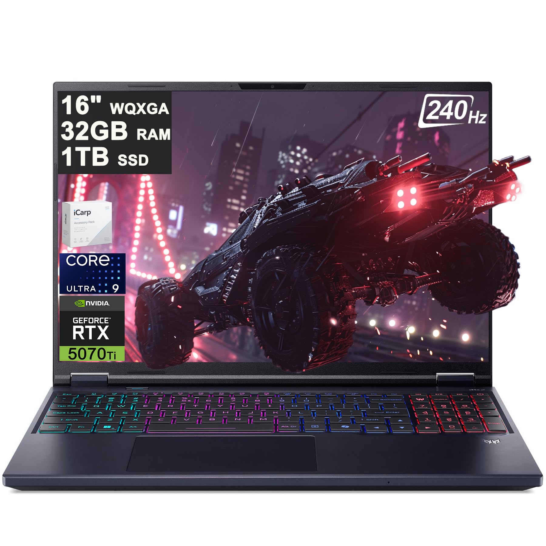 Acer Predator Helios Neo 16 AI Ordinateur portable de jeu 16" 2560 x 1600 IPS 240 Hz (100 % DCI-P3 500nits) Intel 24-core Ultra 9 275HX 32 Go de RAM 1 To SSD GeForce RTX 5070 Ti (jusqu'à 992 AI Tops