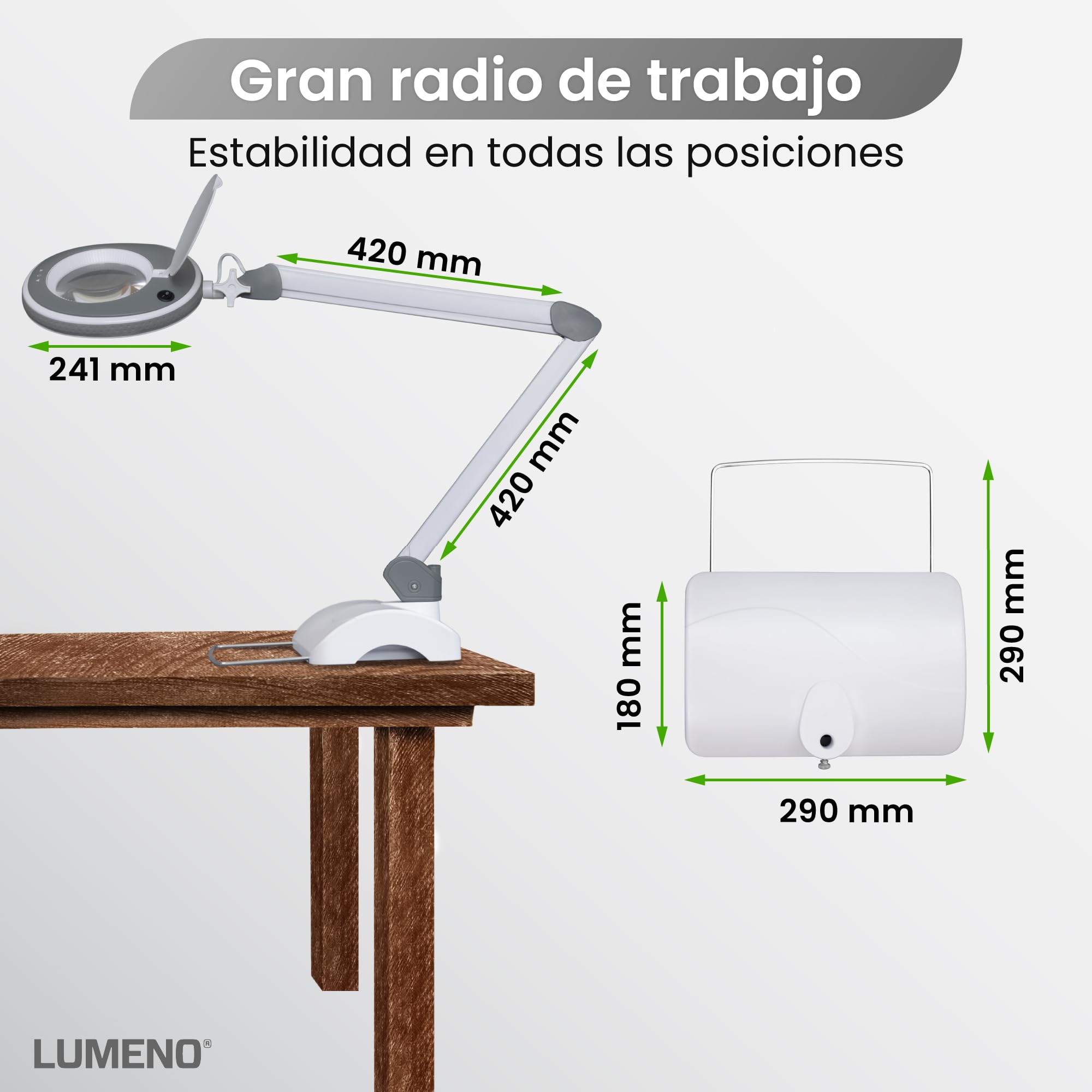 Lumeno 8215GR Lupa LED Lámpara de trabajo Lámpara cosmética, luminosidad regulable, lente de cristal de 127 mm, lupa de lectura, 5 dioptrías con soporte de sobremesa