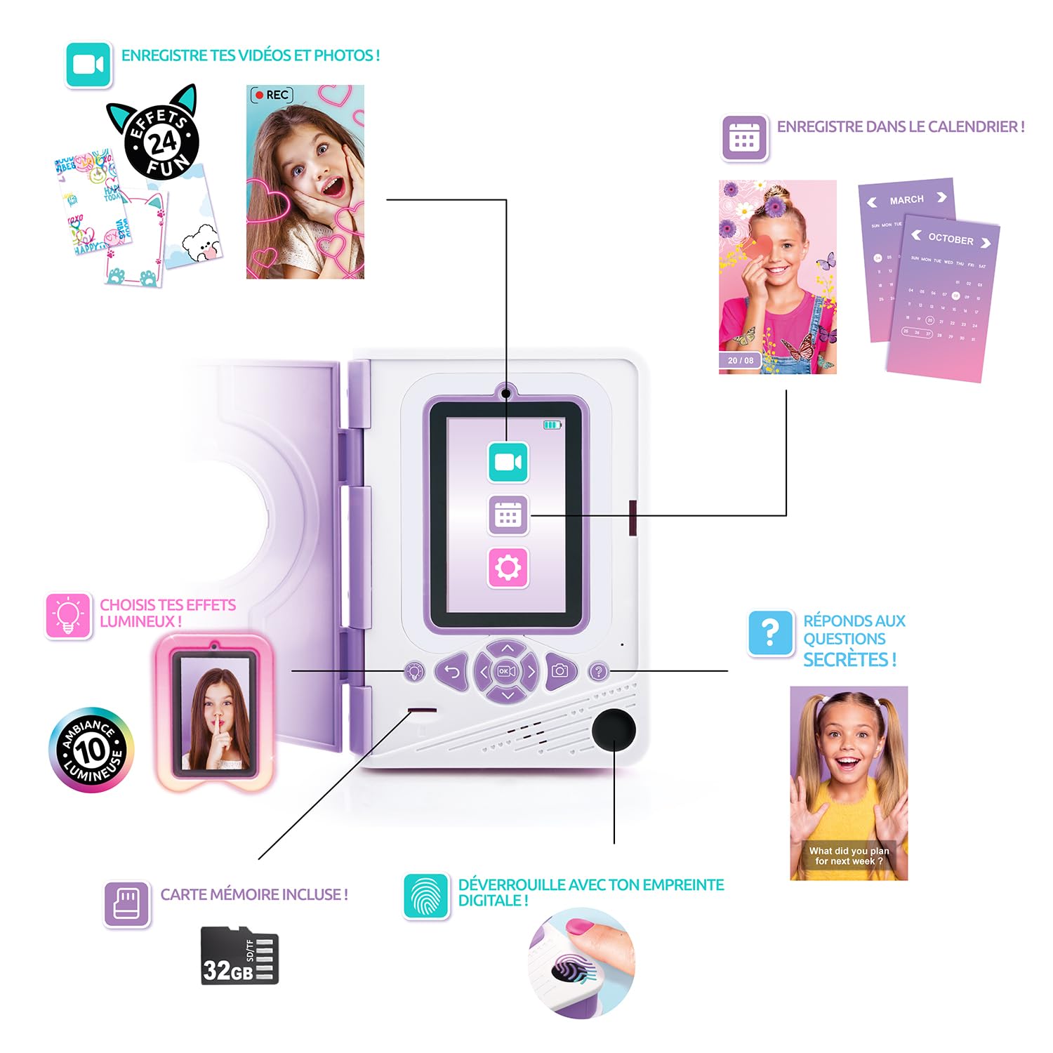 Canal Toys - Journal Secret Video pour Enfants Violet - Enregistre tes Secrets en Vidéo & Photo - Cadeau Enfant Jeux Électronique 7 Ans + - Empreinte Digitale - 24 Effets - 32 GO - LED - INF 043 | Avec autocollants, câble USB, effets de lumière et d'image