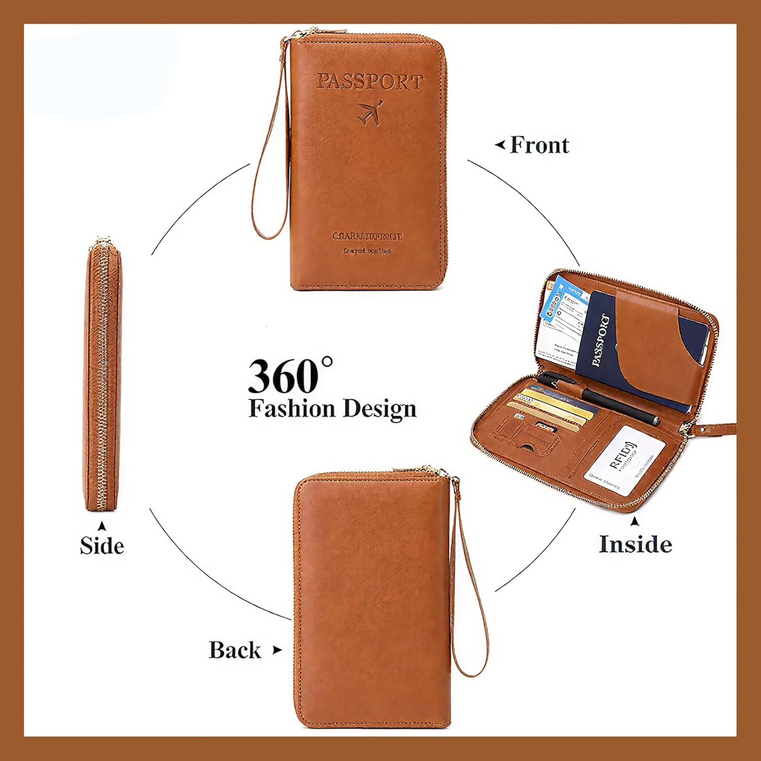 RFID Passport Wallet for Travel (Men & Women), Anti-Theft Leather RFID Passport Holder with Multi-Card Slots (Brown) - Image 5
