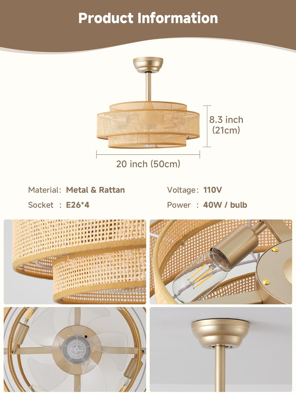 20'' Gold Boho Fandelier Ceiling Fan with Light, Bedroom Chandelier with Light Remote Control, Caged with 6 Speeds for Bedroom, Nursery, Living Room