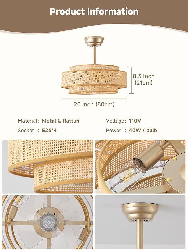 Ventilador de Techo 20'' con Luz y Control Remoto, 6 Velocid miniatura 5