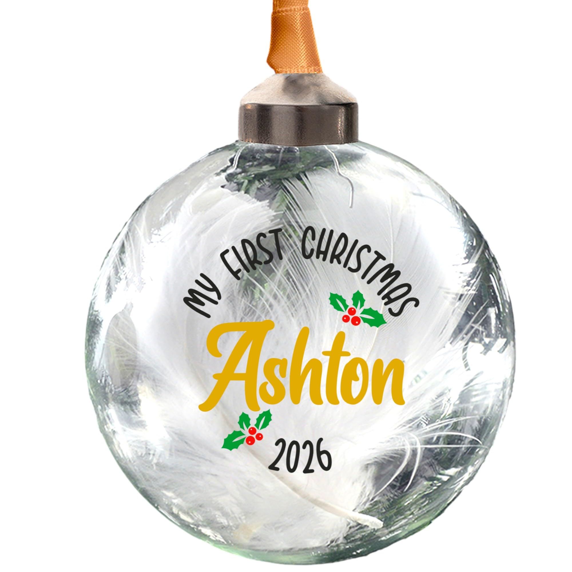 Personalised My First Christmas Bauble Babies 1st Christmas Keepsake First new baby Ornament 8cm Round Glass Bauble in 11 font colours (Gold)