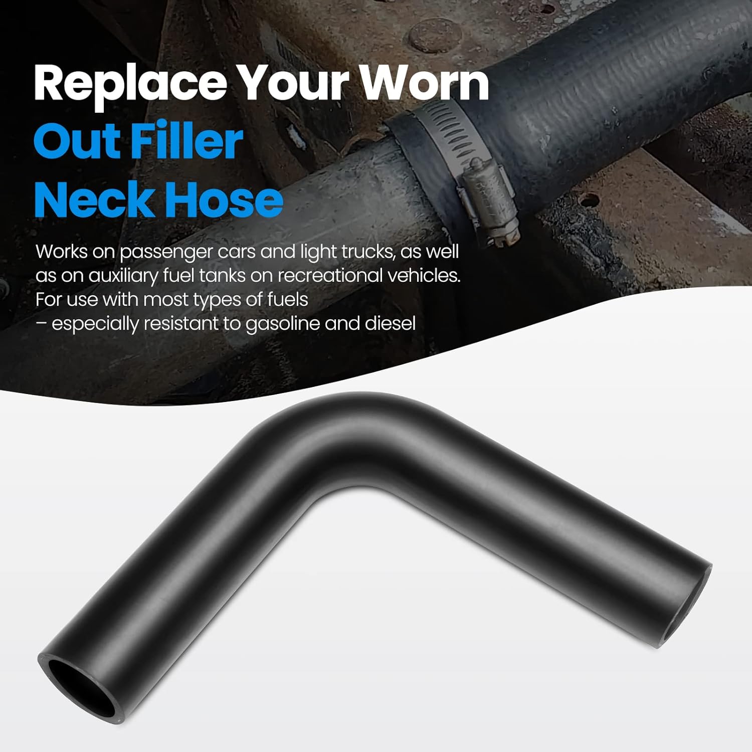 Gasoline Fuel Filler Neck Hose with 4 Hose Clamps,2.5 inches Inside Diameter Fuel Hose, Reinforced Gas tank filler hose (90 degree, 2.5" ID)
