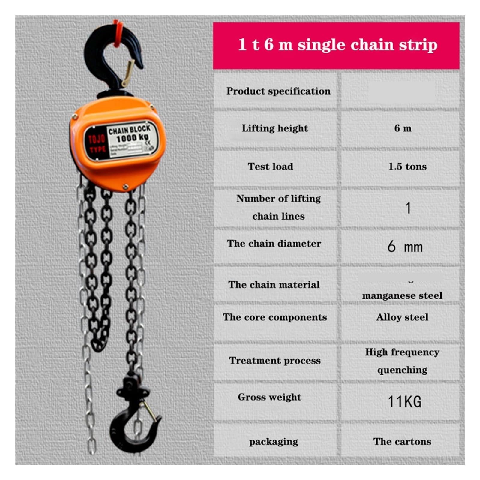 Lever Chain Hoist, Dreieckiger manueller Kettenzug, 1–1,5 Tonnen, 3/6 m Hub, tragbarer Hebelblock | 1t 6m