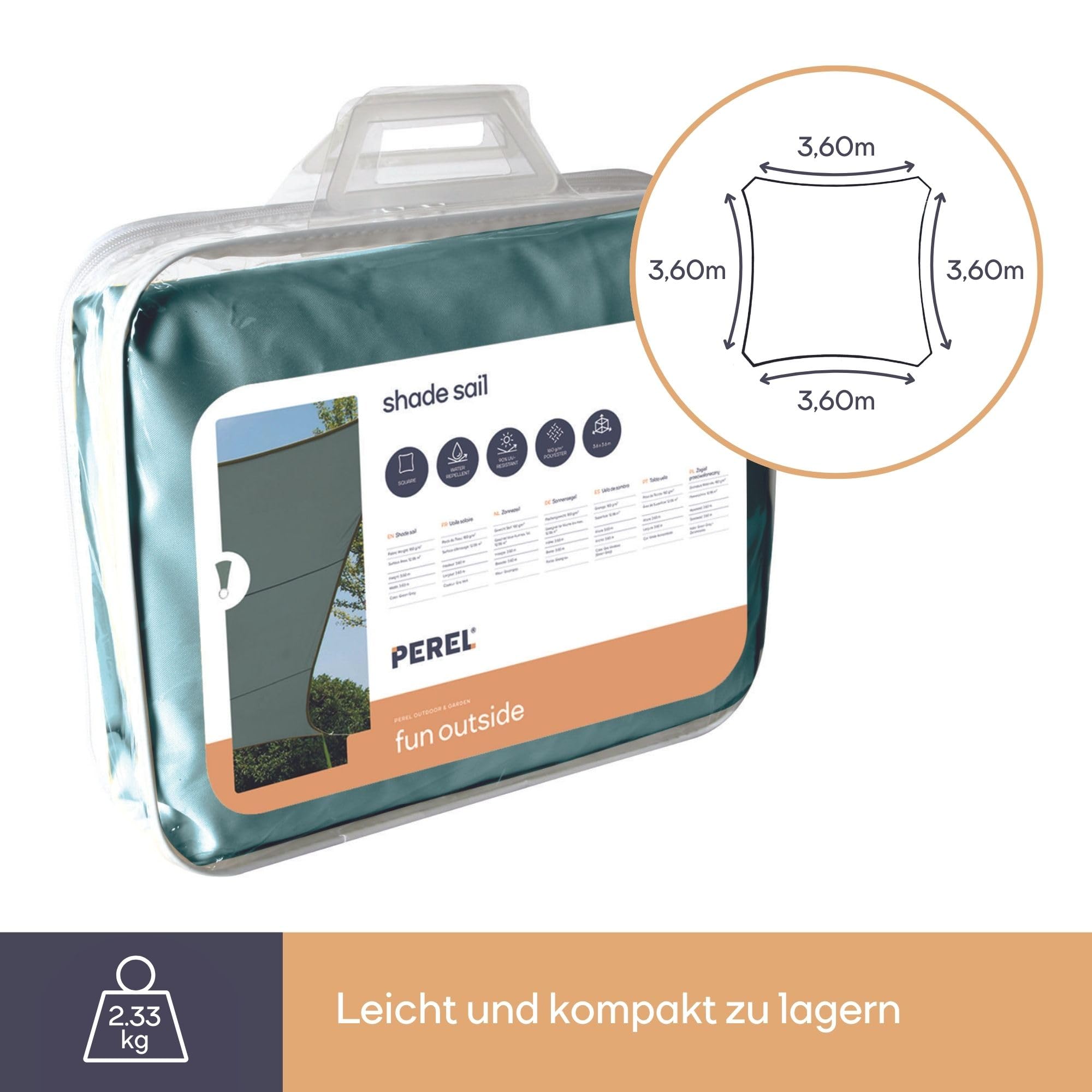 Perel Sonnensegel 3.6 x 3.6 m, quadratisch für Garten und Terrasse, wasserabweisend, UV-Schutz 90%, atmungsaktiv, grüngrau