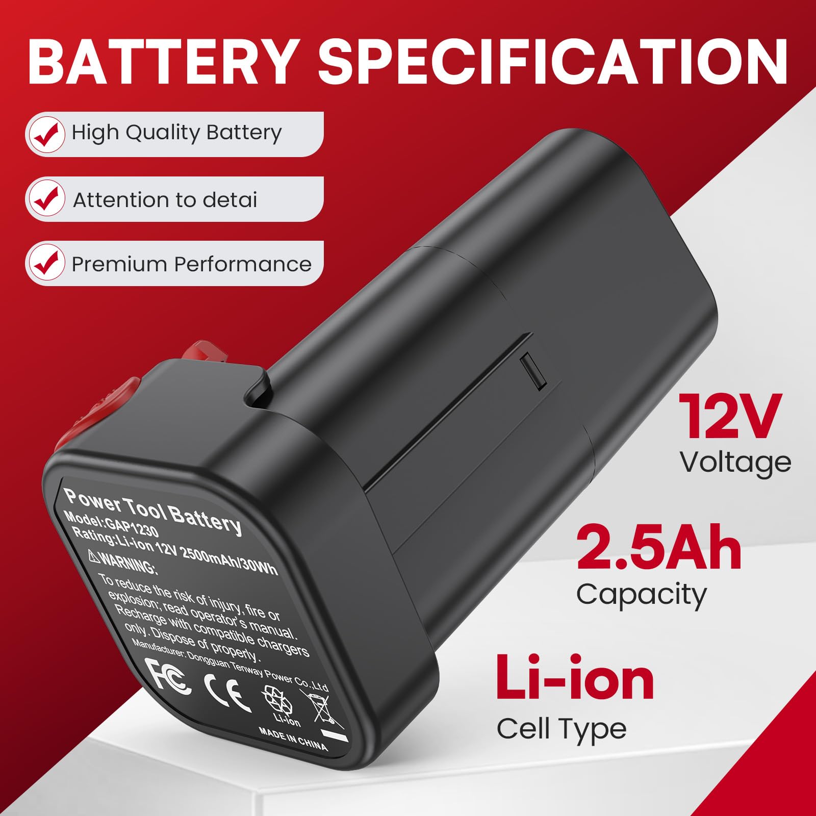 ASUNCELL GAP1230 - Batteria di ricambio agli ioni di litio da 2500 mAh, 12 V, per Güde, batteria di ricambio RFP 12-201-04