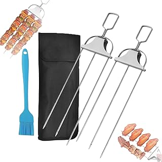 3 Way Grill Skewers - Grillsavant, 3 Way Grill Skewers for Outdoor Grill, 3 Way Skewer for Grilling, BBQ Grill Skewers, Grill Skewers Stainless Steel, Easy to Use Push Bar Slider (2PCS)