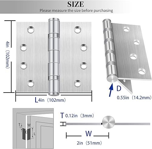 Miniatura 4 de Bisagras de puerta de acero inoxidable 304, 1 paquete, bisagra de puerta comercial resistente de 4 x 4 pulgadas con rodamiento de bolas liso de