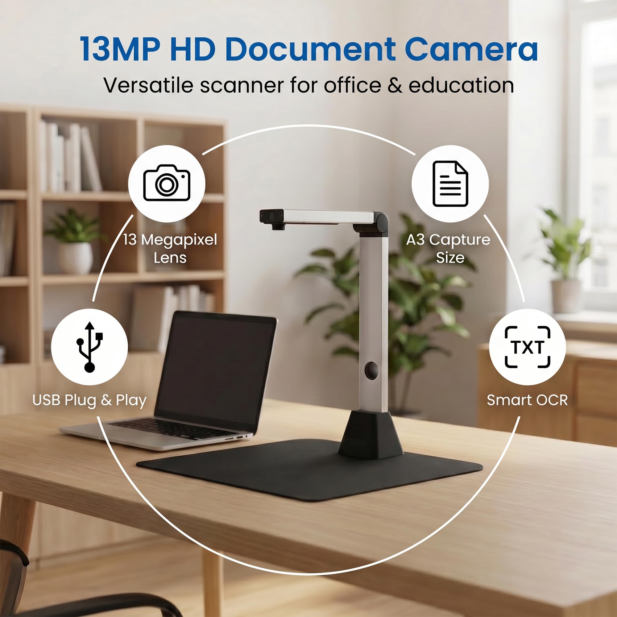 13MP Escáner de Documentos Inteligente: | Escáner Portátil de Alta Definición de Tamaño A3 Camara de Documentos USB LED de 3 Niveles Escaner Fotos OCR Multilingüe para