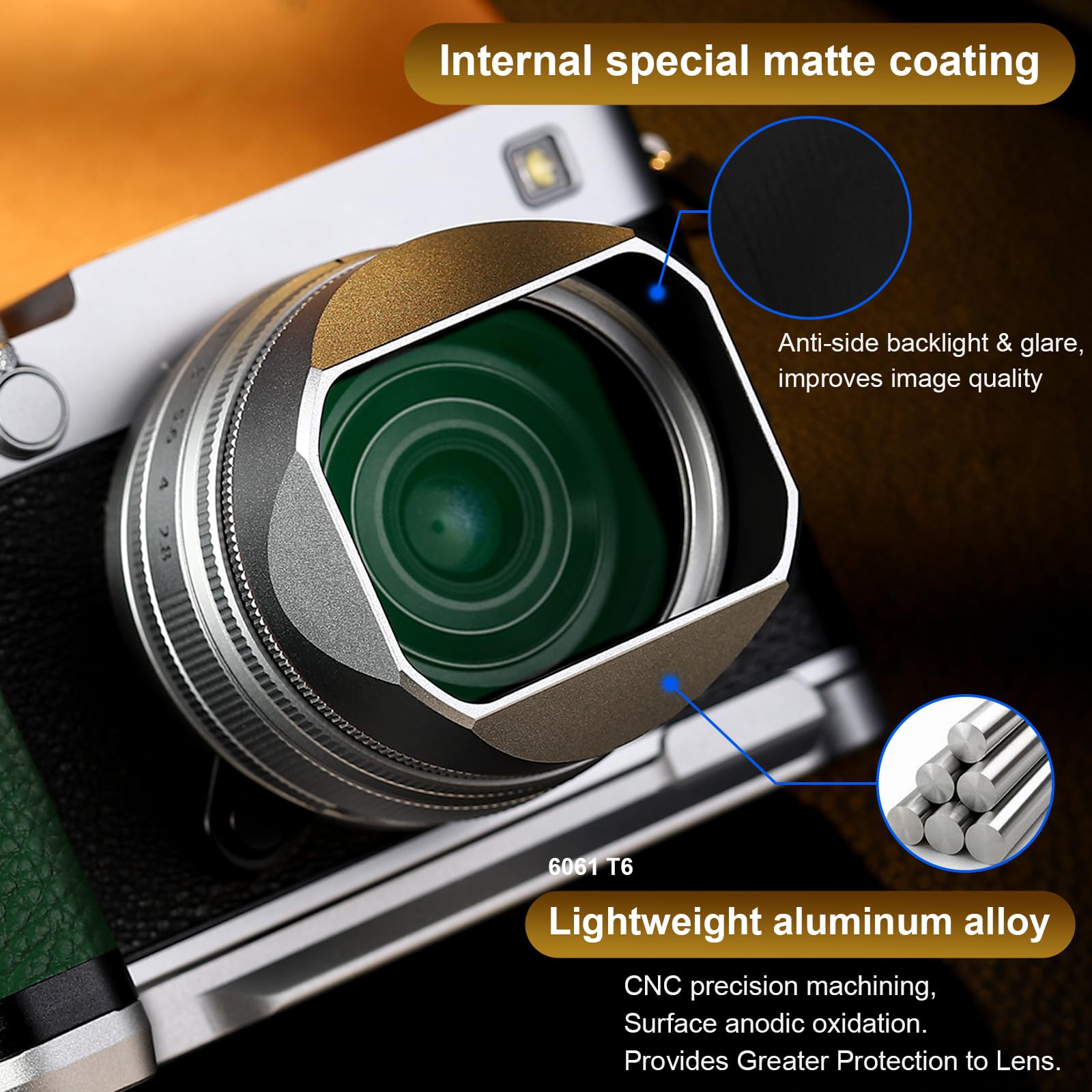 Haoge Metall Squaret - Parasol de objetivo para Fujifilm XF23 mm F2.8 en XE5 cámara Body kit XF27mmF2.8 R WR Objektive 39 mm Schraubbar Hood Silver,with Metallldeckel