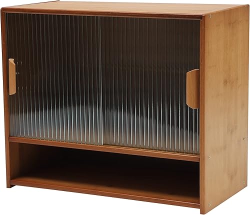 Miniatura 4 de Armario de almacenamiento pequeño, aparador de despensa de cocina de bambú con 2 puertas corredizas de vidrio a rayas, armario de almacenamiento