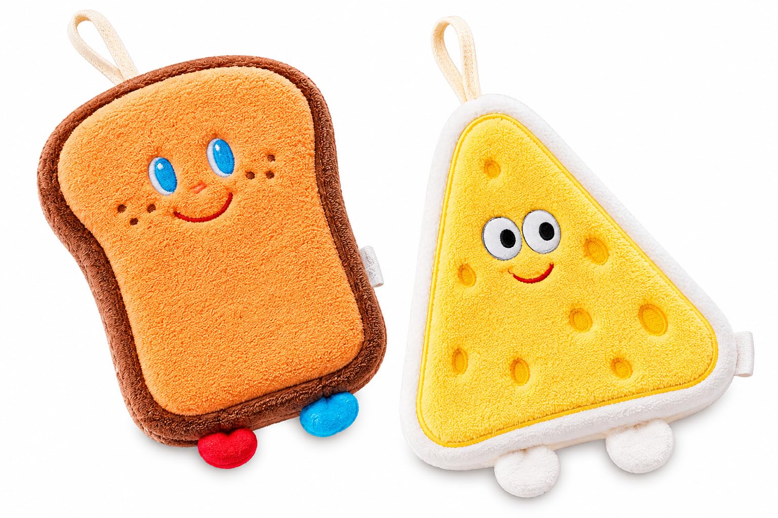 Pack of 2 Cute Plush Coral Fleece Hanging Hand Towels, Donut, Toast, Cheese and Bread Design, with Hanging Loop, for Kitchen and Bathroom-image-5