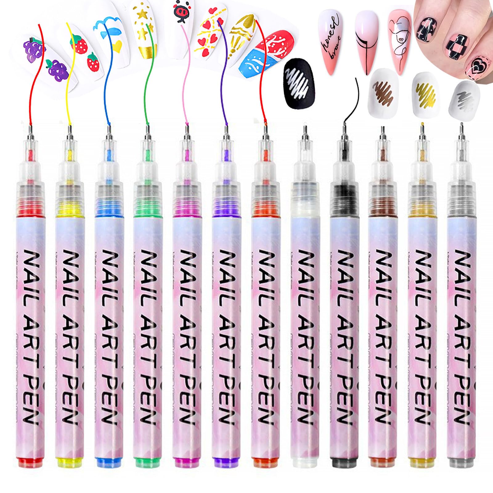 Hinourisha 12 color Nail Art Pens Set for Girl, Nail Art Markers Set, 0.5mm Fine Tip Nail Doodle Pens, Upgraded Quick Dry Nail Polish Pens Kit for