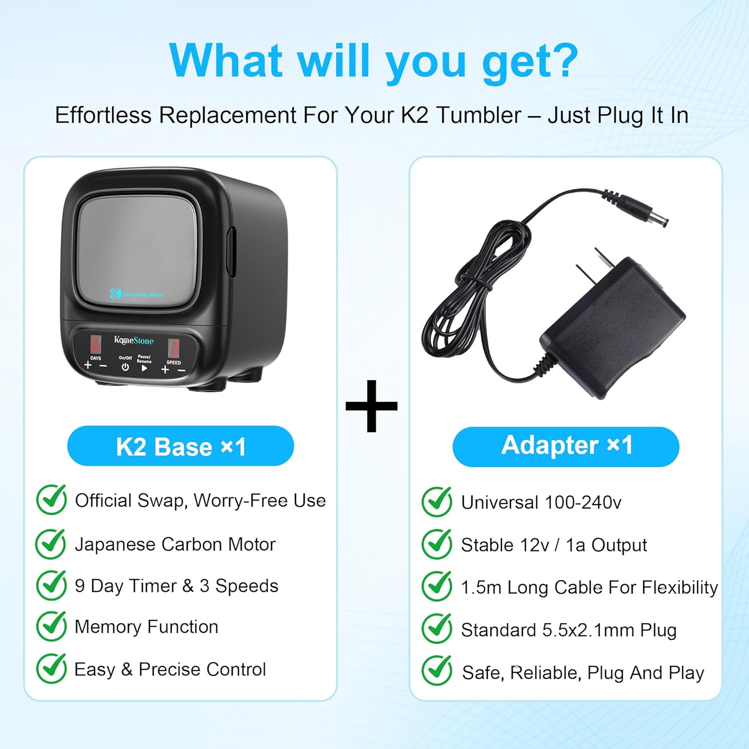 Replacement Motor Base for K2 Elite Rock Tumbler, with Quiet Brushless Motor & Noise-Reduction Cover, Includes Power Cord - Genuine