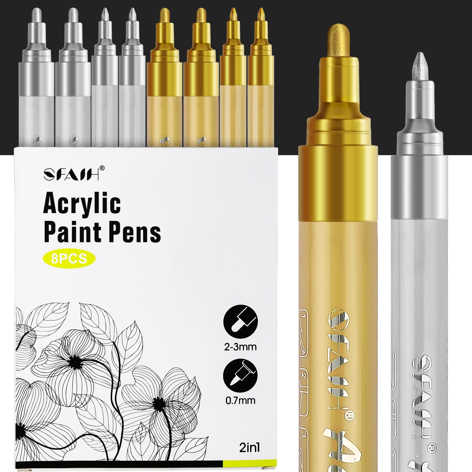 SFAIH Gold & Silver Acrylic Paint Markers - 8 Pack 2-3MM Medium Tip & 0.7MM Extra Fine Paint Pens for Rock Painting, Wood, Metal, Fabric, Plastic, Canvas, Glass, Ceramic, Diy Crafts
