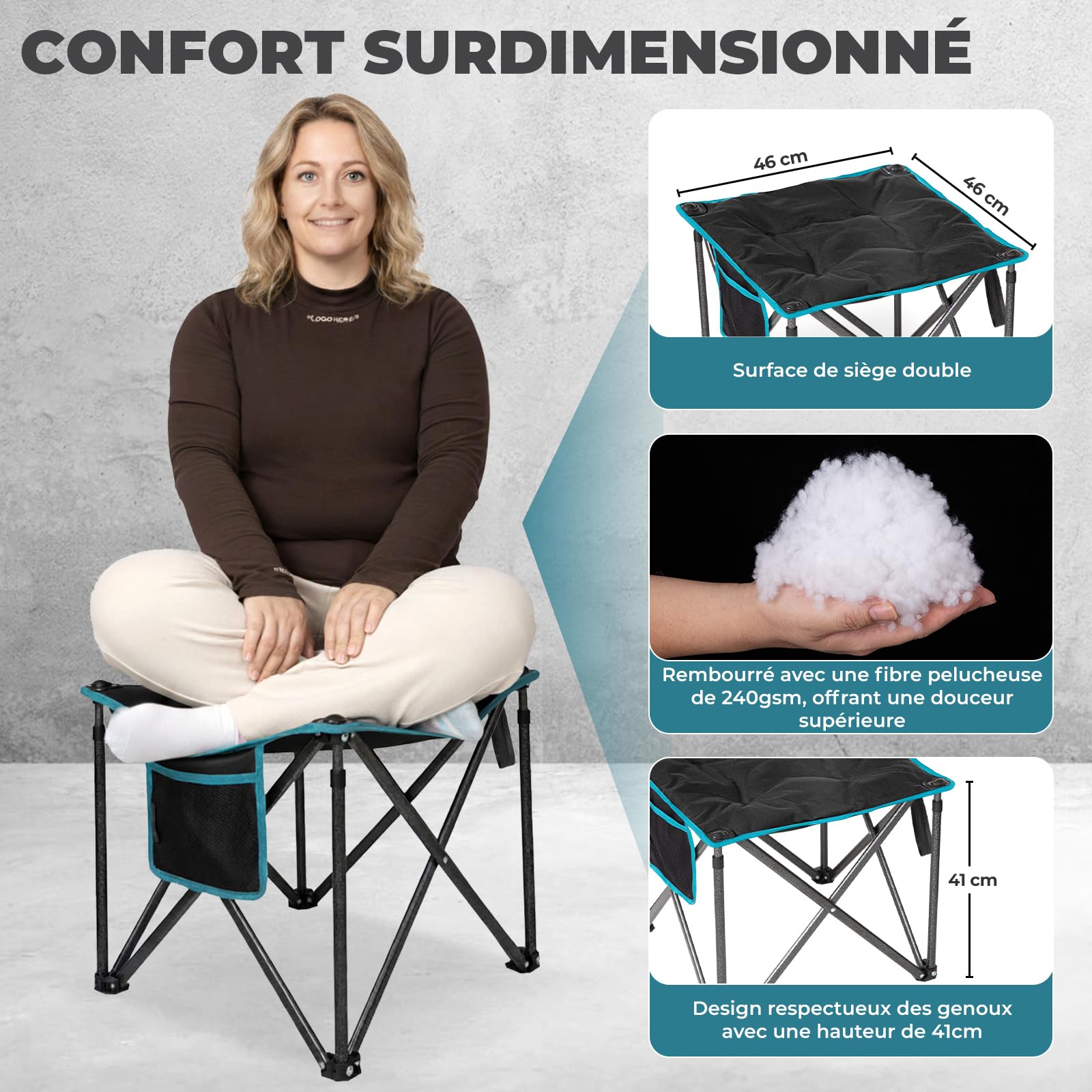 FUNDANGO Lot de 2 tabourets de camping pliables surdimensionnés de 46 cm - 180 kg - Avec sac de transport - Tabouret pliable - Pour camping, randonnée, pêche, noir