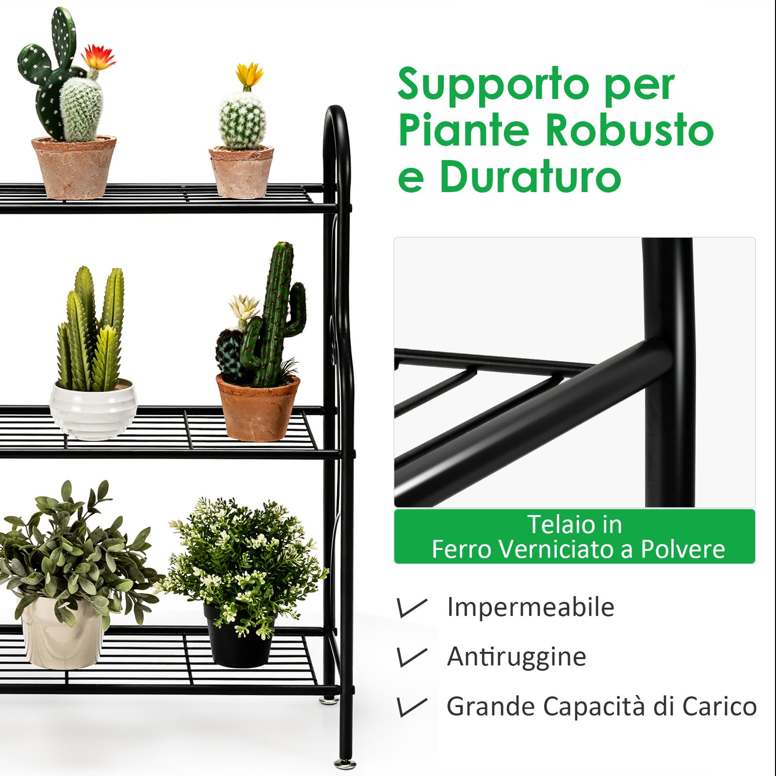 COSTWAY Porta Piante in Metallo a 3 Livelli, Scaffale Portavasi Interno ed Esterno con Elegante Motivo a Volute, Scaffale a Scala Multifunzionale per Casa, Giardino, Balcone e Corridoio
