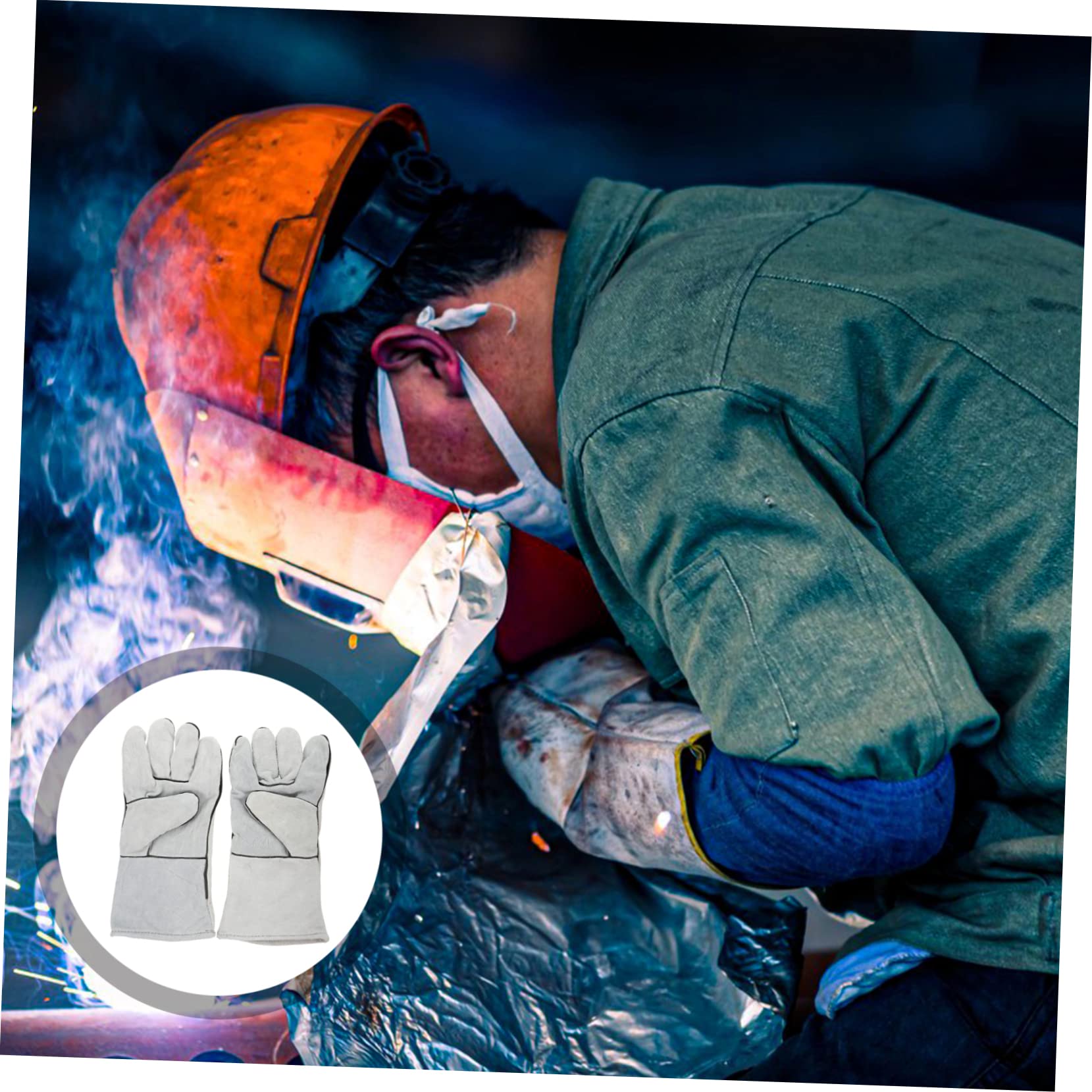 FRCOLOR 1Pair Natural Leather Double Layers Insulated Industry Gloves for Welding Gray and White Special Labor with Breathable Design and