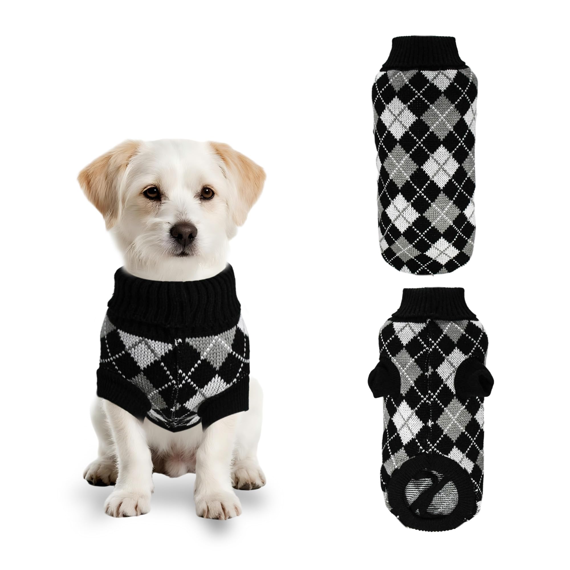 PawSailor Knitted Dog Jumper Plaid Pattern Turtleneck Puppy Pullover Soft Comfortable Winter Warm Pet Clothes for Small and Medium Dogs Like Shih Tzu, Miniature Schnauzer, Pomeranian, Black L