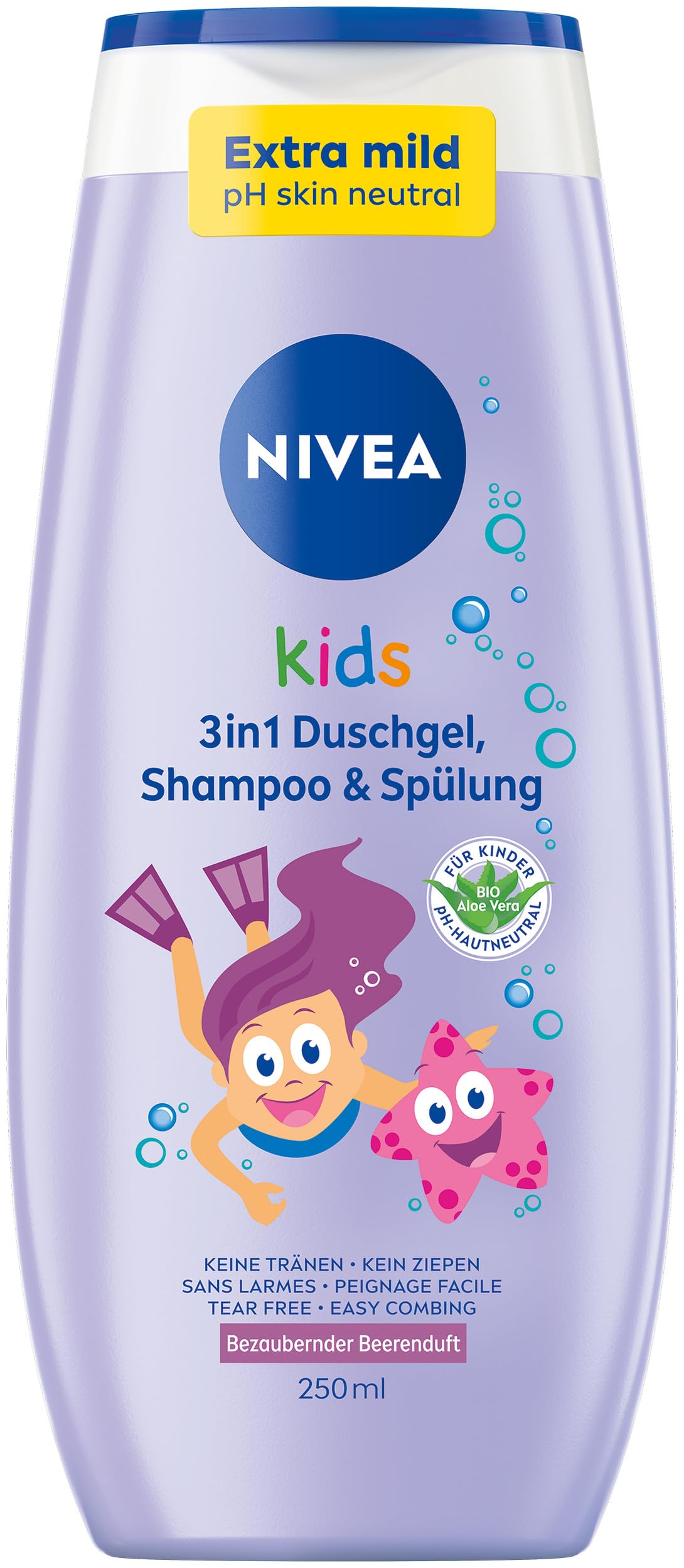 NIVEA KIDS 3in1 Duschgel, Shampoo & Spülung, Pflege und Reinigung für Kids mit bezauberndem Beerenduft, extra milde, seifenfreie Haar- und Hautpflege für Kinder (250 ml)