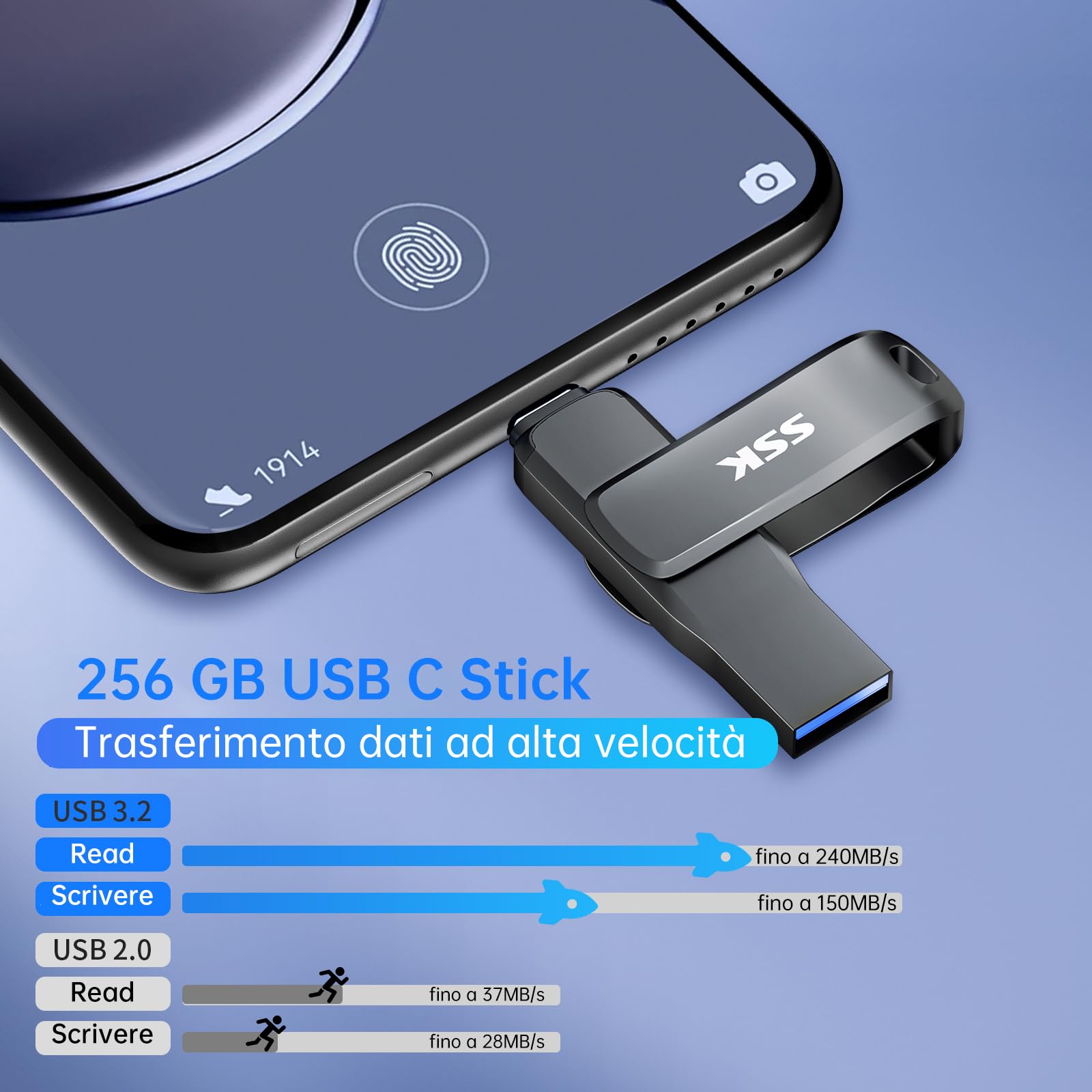 SSK Chiavetta USB 3.2 256GB,fino a 200MB/S velocità di lettura Penna USB,doppia unità Chiavetta usb type c e USB A, robusta Pen Drive in metallo nero per smartphone,tablet,iphone 15,computer,auto e TV