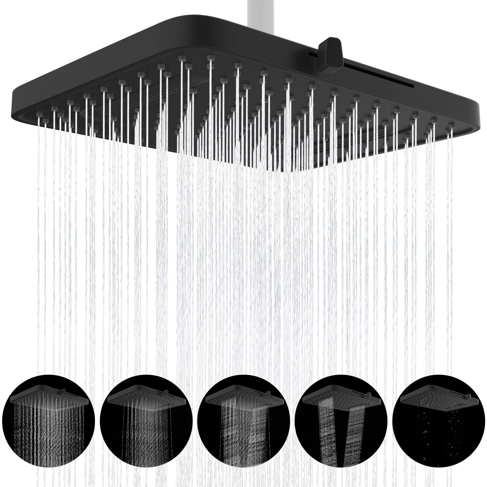 Hibbent 5 cabezales de ducha de lluvia con modo de pulverización, cabezal de ducha de lluvia de alta presión de 13 pulgadas, cabezales de ducha cuadrados integrados, rótula giratoria ajustable