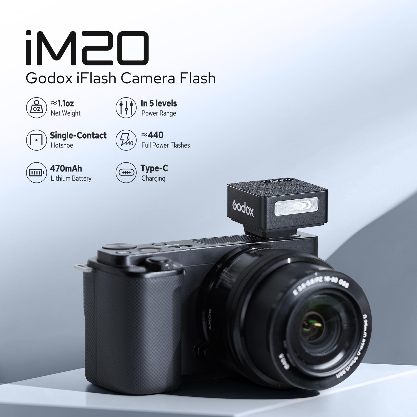 GODOX iM20 Flash fotocamera, 5 livelli potenza, 440 flash piena, batteria litio integrata Canon Fuji Panasonic Olympus Sony