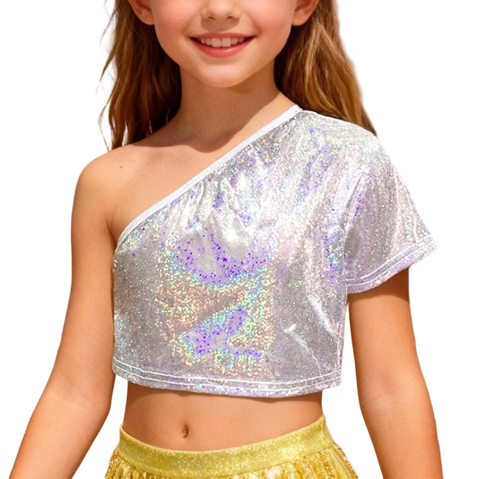 Camiseta para niña 2026, camiseta de niña con parte superior sin hombros y microestampado integral, camiseta deportiva de color liso casual con cuello redondo negro