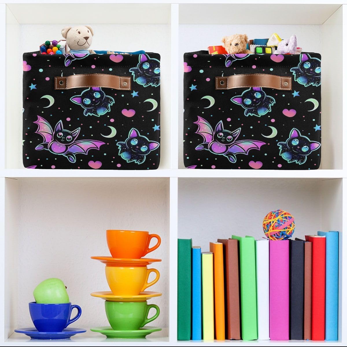 Gradient Bat Pattern Storage Basket,Large Storage Bin Fabric Collapsible Organizer Bag with Handles 15x11x9.5 inch
