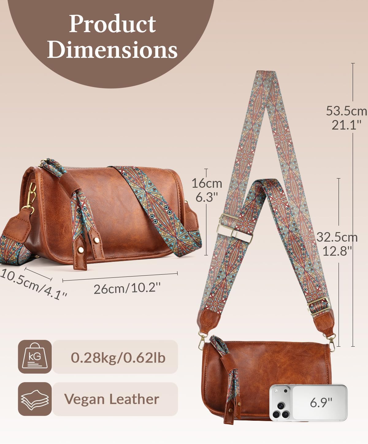 Vintage Crossbody Bags for Women, Vegan Leather Retro Cross Body Shoulder Handbag with Boho Strap Anti Theft Pocket | Decorated zipper, Boho strap, Anti theft, Spacious capacity, Ideal gift