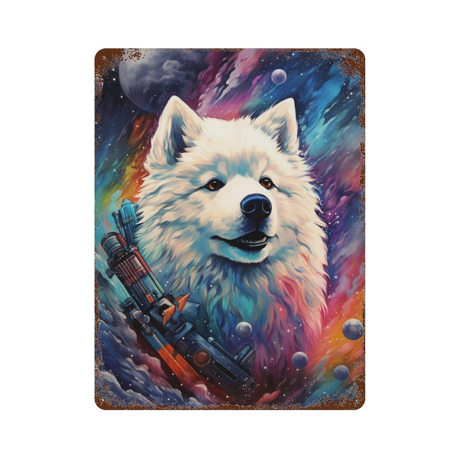 Garage Style Cosmic Wolf with Spaceship Rust Effect Tin Sign 15.7"x11.8", Shabby Chic Decor for Bar And Workshop