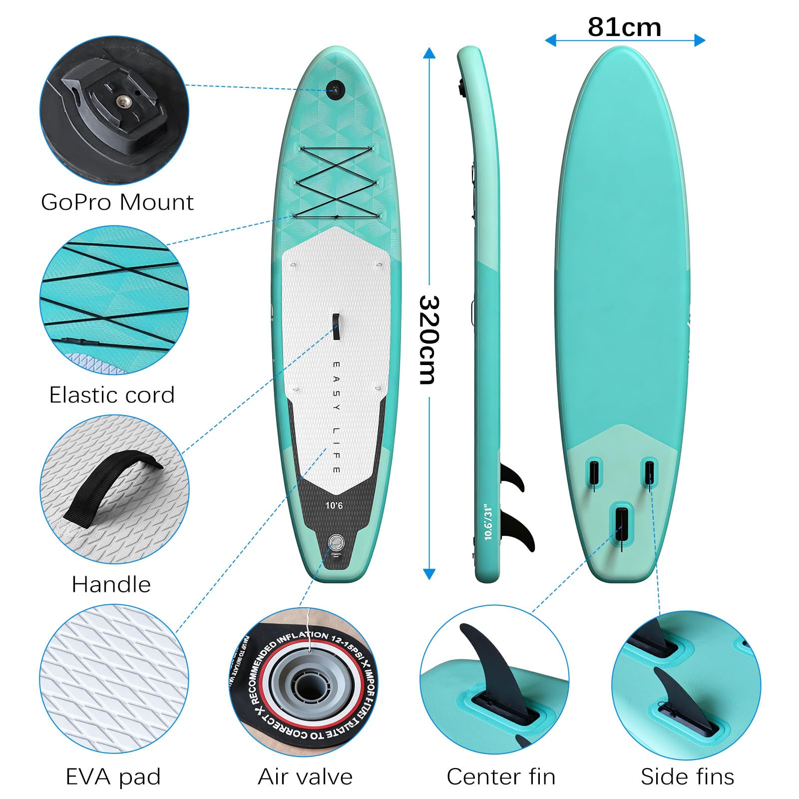 Tabla de Paddle Surf Hinchable para Adultos de 320 cm,Totalmente Equipada: Remo,Bomba de Aire, 3 Aletas,Excelente Estabilidad,Adecuada para Principiantes y Surfistas Avanzados
