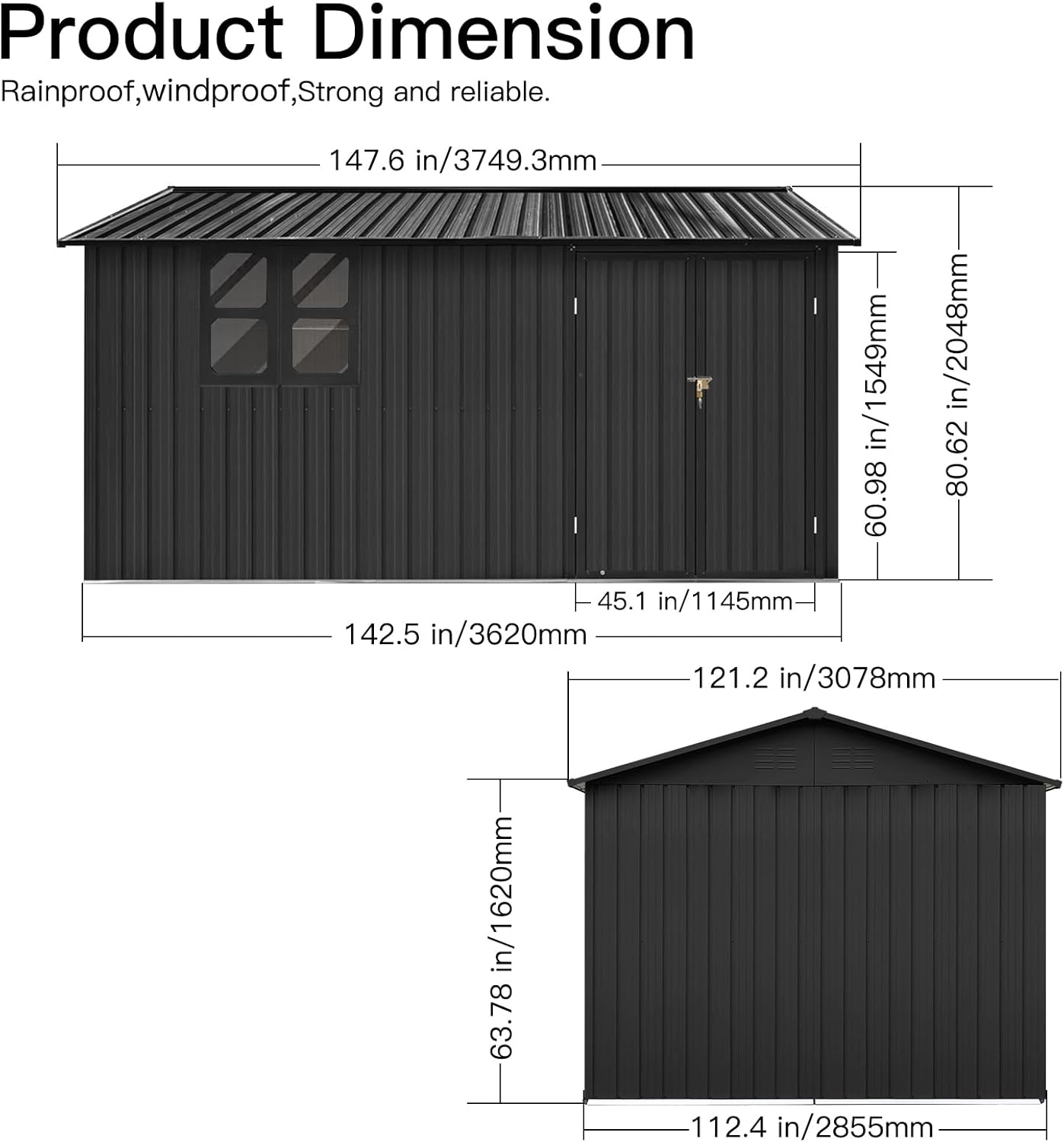 10x12 FT Outdoor Storage Shed, Large Metal Garden Shed with 4-pane Window, Outside Tool Shed with Lockable Hinged Doors & 4 Air Vents, Waterproof Storage Building for Backyard, Patio, Lawn, Black