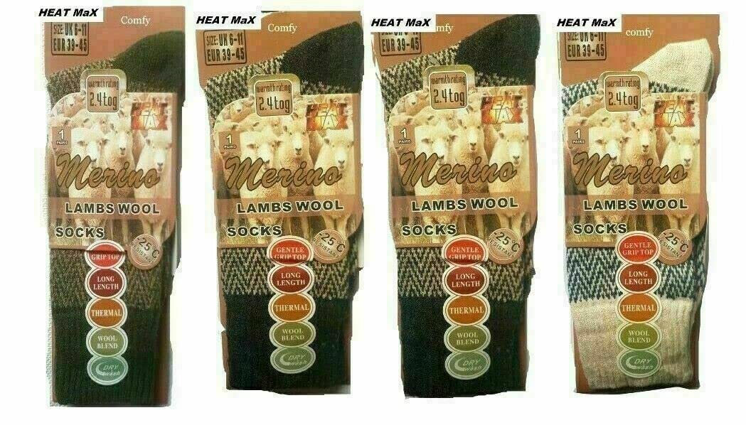 VEARZMens Unisex Lamb Marino Heat Max 2.4 tog Wool Grip Thermal Socks 6-11