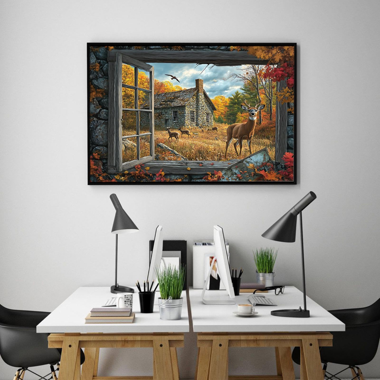 Cabaña de otoño ciervo Lienzo Arte de pared Naturaleza Paisaje Cuadros Rústico Vida silvestre Obras de arte Impresiones Bosque escénico Pósters Pintura Decor del hogar 60x90cm Con-marco-negro