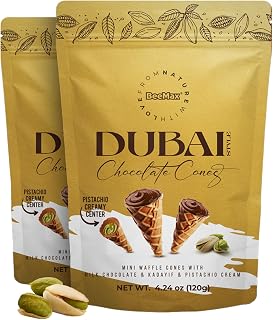 Beemax Dubai Style Chocolate Cones – 2 Pack, Mini Waffle Cones Filled with Pistachio Cream, Milk Chocolate & Crunchy Kadaifi | Gourmet Middle Eastern Candy, 4.24oz Each Bag