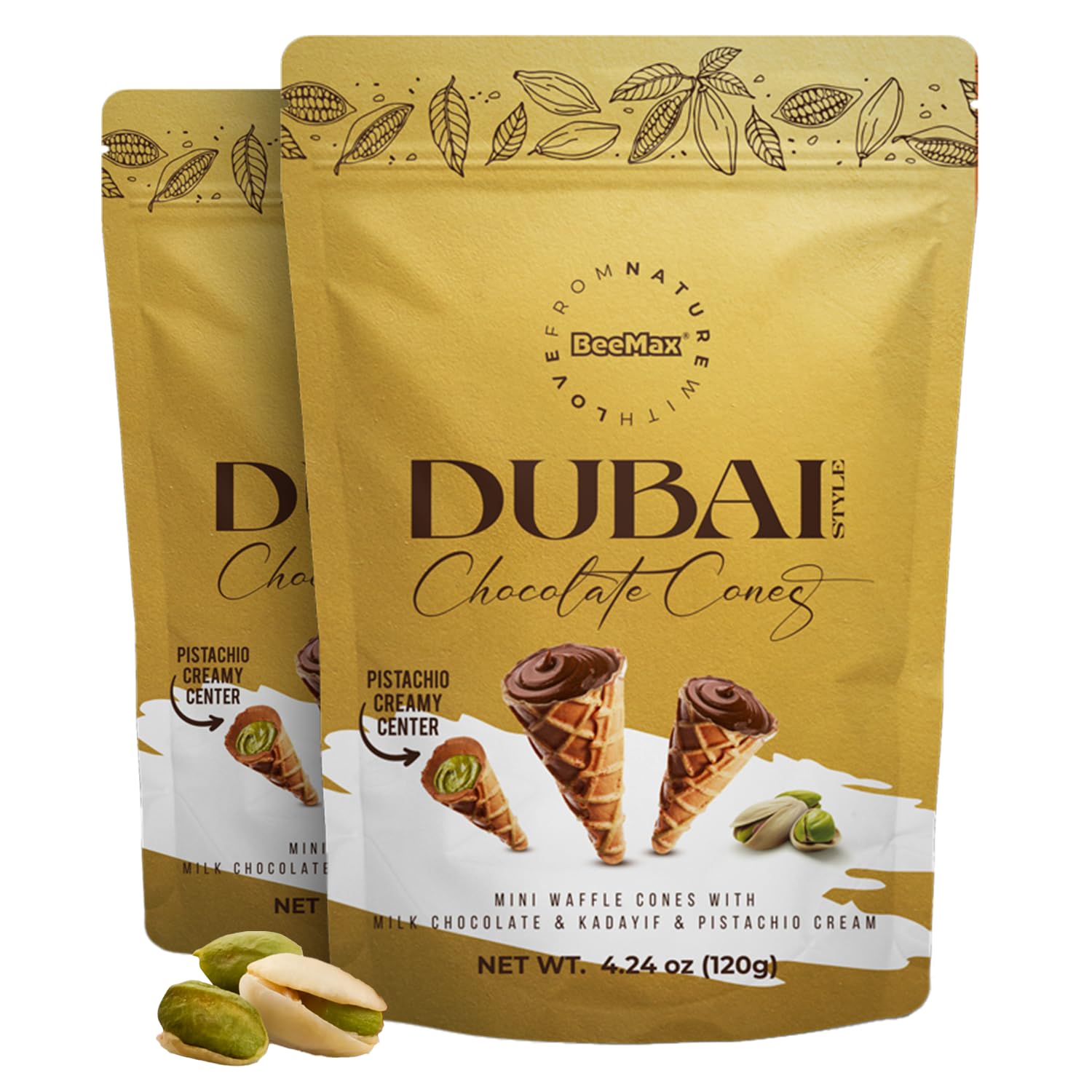 BEEMAX Dubai Style Chocolate Cones, Mini Waffle Filled with Milk, Pistachio Cream & Crunchy Kadaifi, Gourmet Middle Eastern for Gifting & Indulging, 4.24 oz Resealable Pouch, 2-Pack