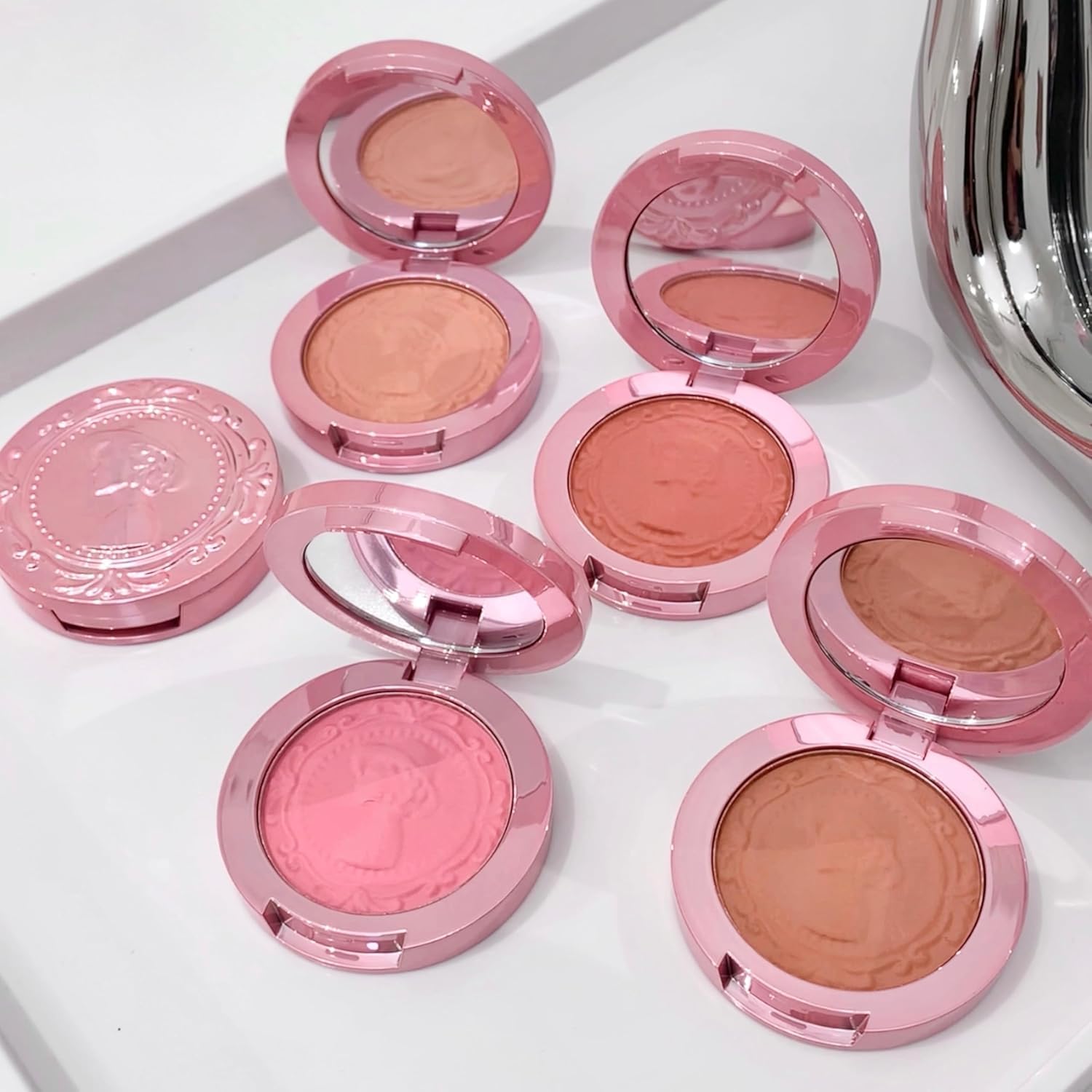 Gege Bear Vintage Style 3D Embossed Matte Fog Blush | Velvety Soft Cheek Color in Peach and Rose Tones | Elegant Compact with Lady Cameo Design | Blush That Feels as Pretty as It Looks | (01# Gentle Peach, 5g)-picture-33