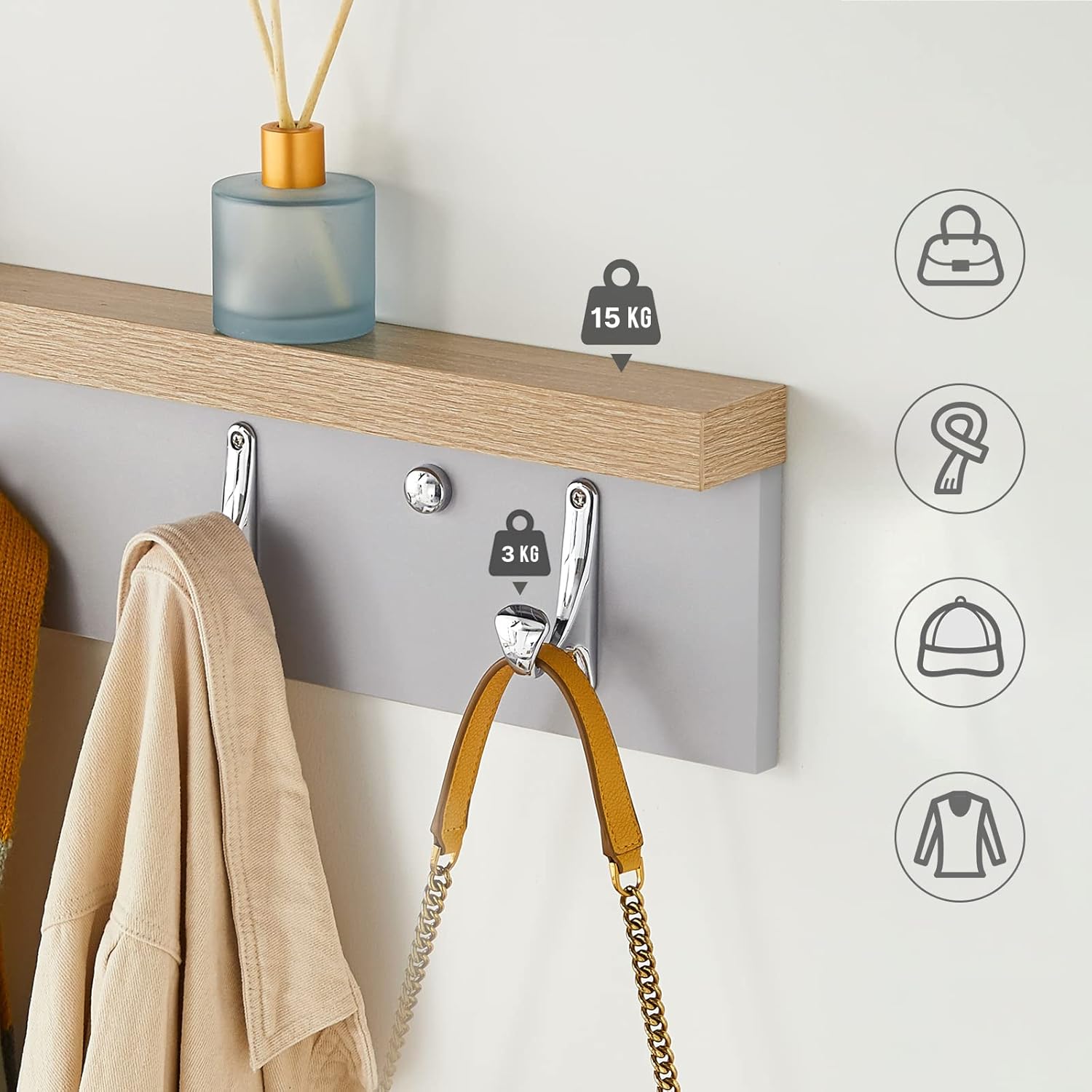 Meerveil Coat Rack in use, showing weight capacities: 15kg on shelf, 3kg per hook
