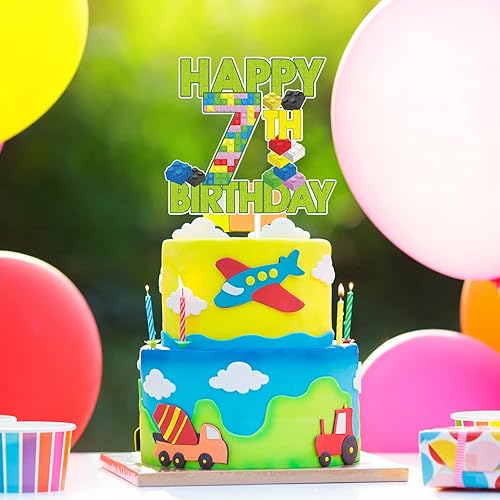 Miniatura 6 de Decoración de pastel de bloque de construcción de feliz 7 cumpleaños Juegos de rompecabezas para fiesta de 7 cumpleaños de niño, suministros
