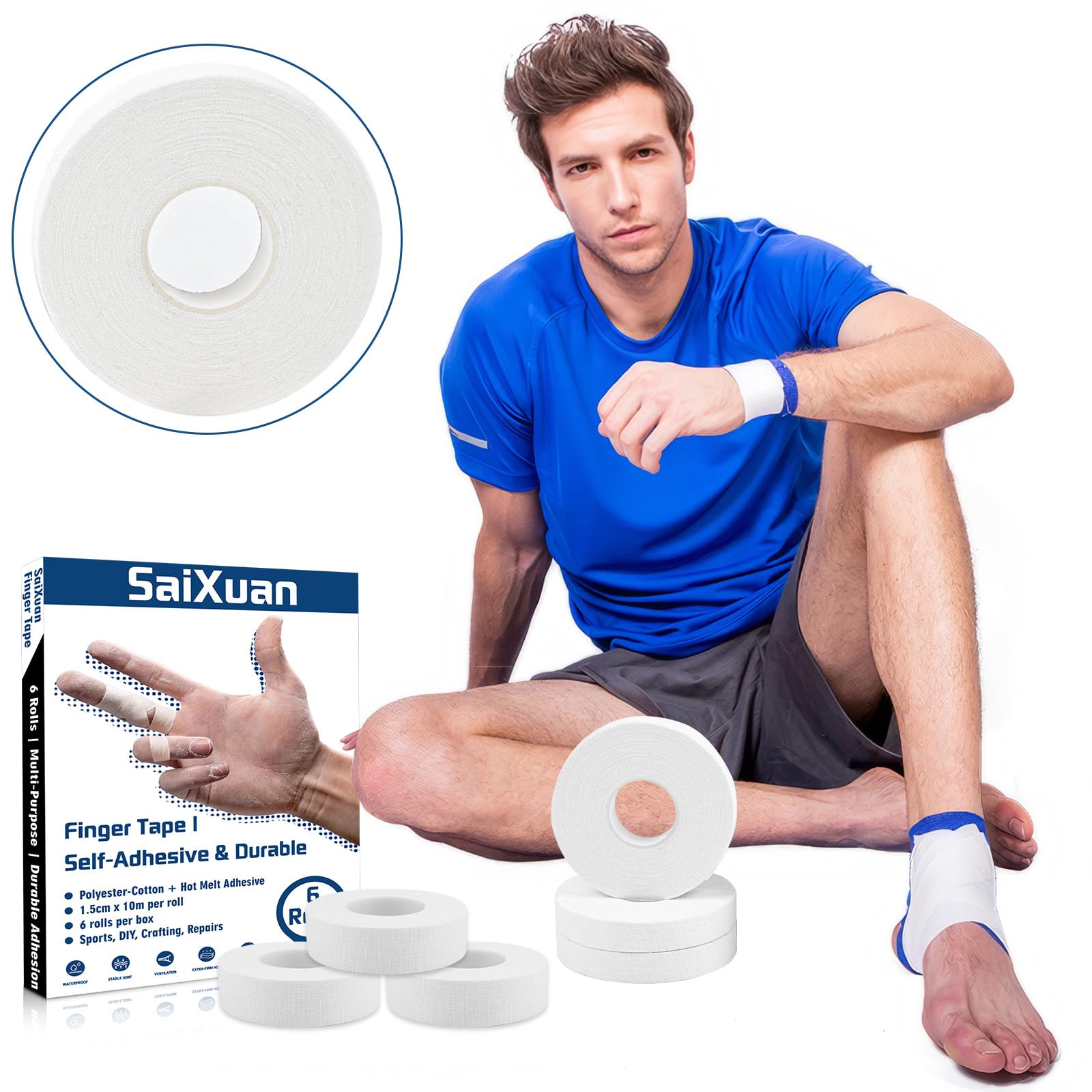 Tape pour Doigts, Pack de 6 Strap Doigt (1,5 cm x 10 m), Antidérapante et Durable, Idéale pour Grip Tattoo, Escalade, Volleyball, Basket-Ball, Handball et Protection des Articulations (Blanc)