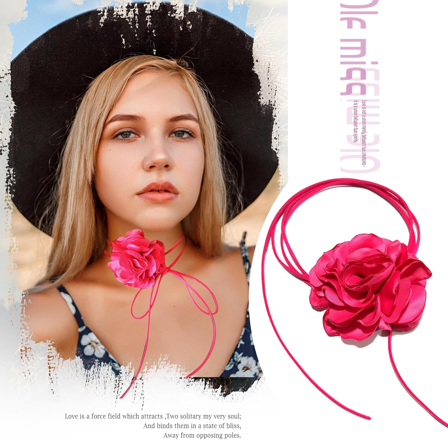 Pink Flower Choker for Women, Flower Necklace Big Camellia Lace Collar Necklace Valentines Christmas Wedding Party Jewerly - Hot Pink - Image 6